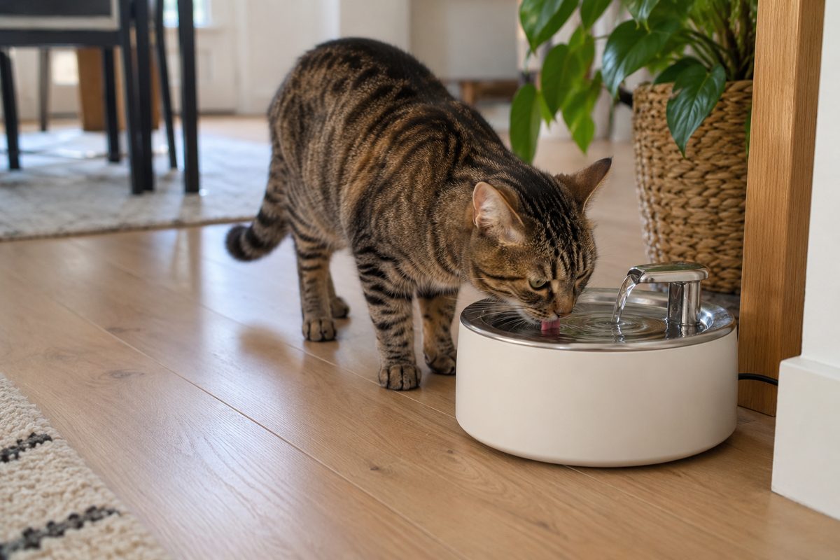 Chat tigré qui boit à une fontaine à eau pour bien s'hydrater