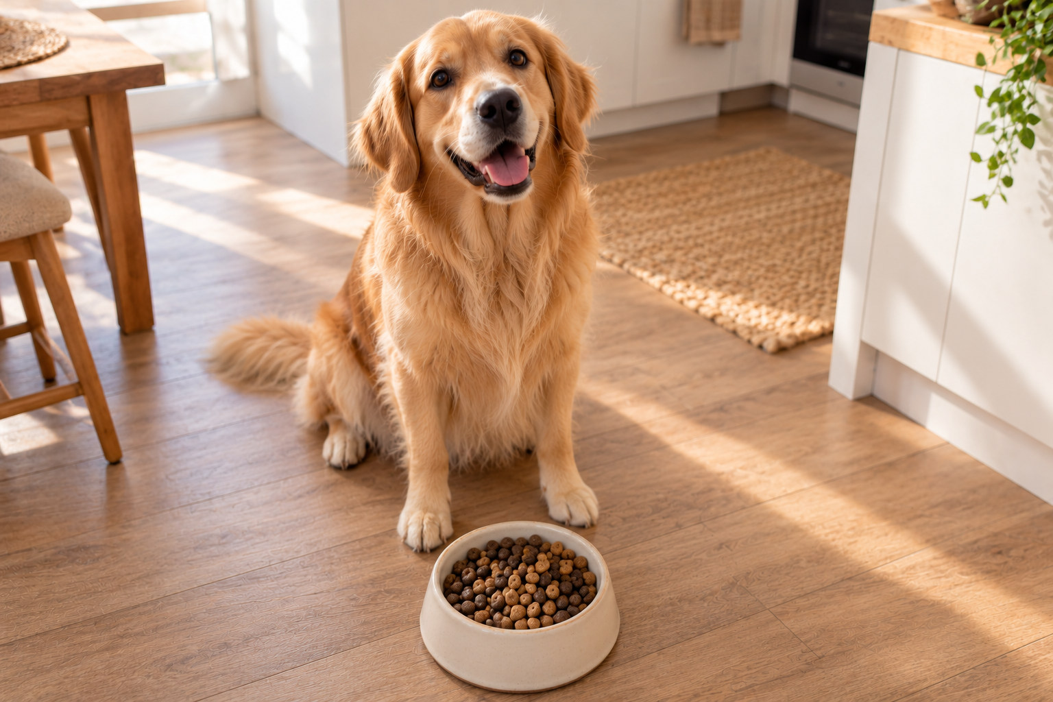 Golden Retriever assis devant sa gamelle de croquettes pendant une transition alimentaire
